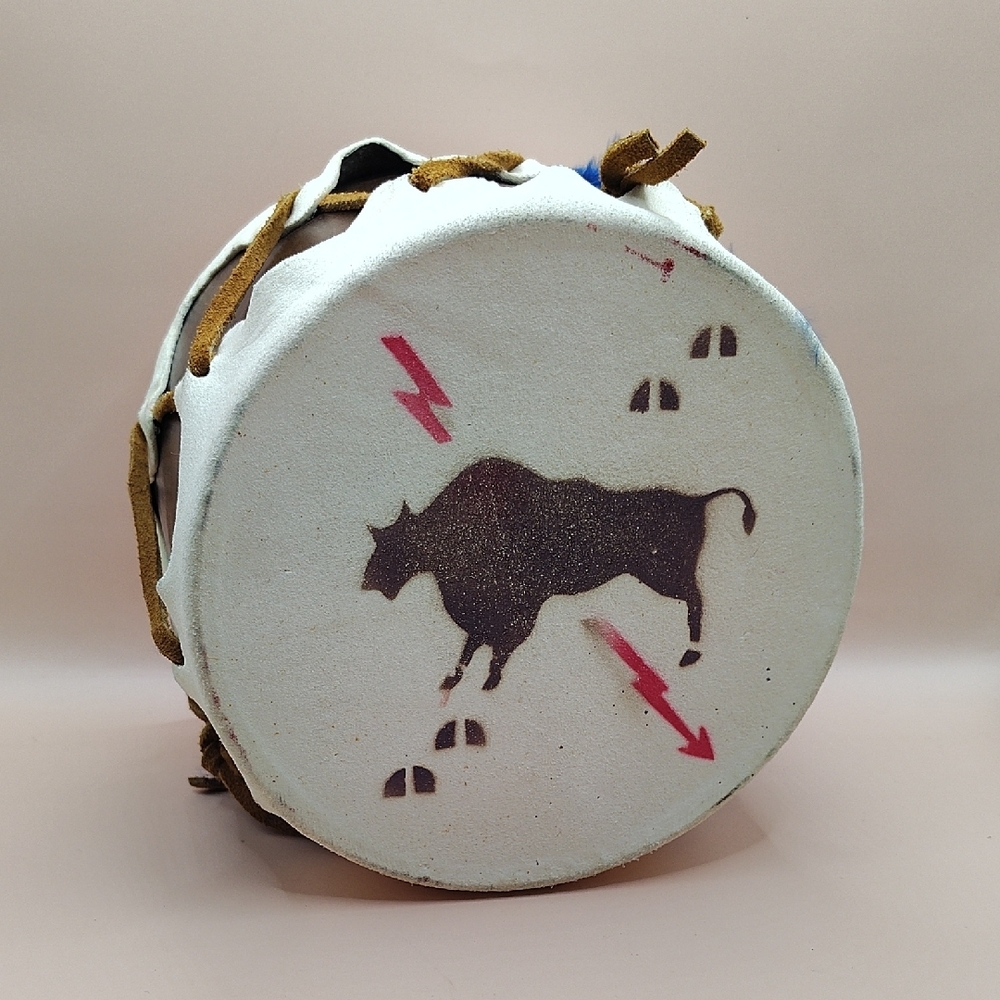Vintage American Southwest Rawhide Drum, Painted with Buffalo and the Sun